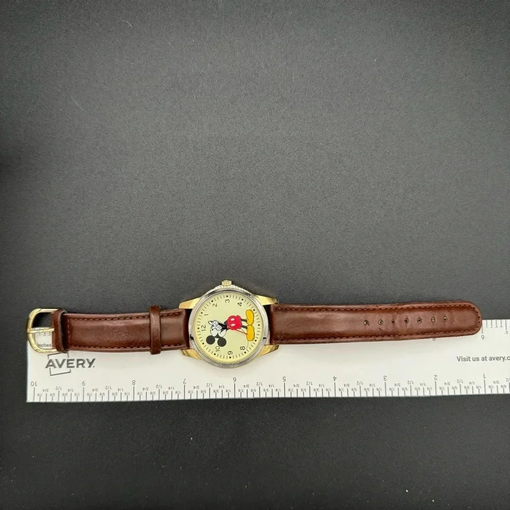 Vintage Mickey Mouse Disney Wide Face Analog Watch with Brown Leather Band